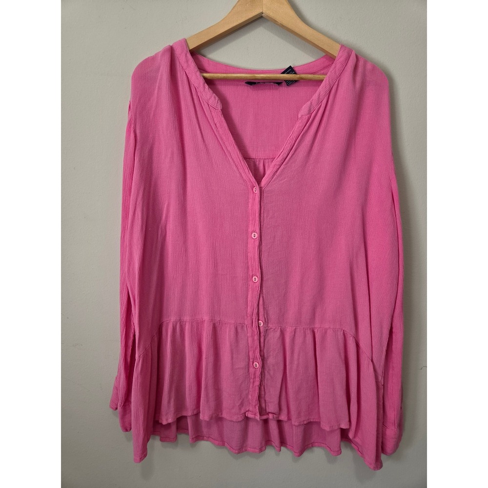 Life Style Pink Viscose Button Up Peplum Blouse Long Sleeve V-Neck Top XL